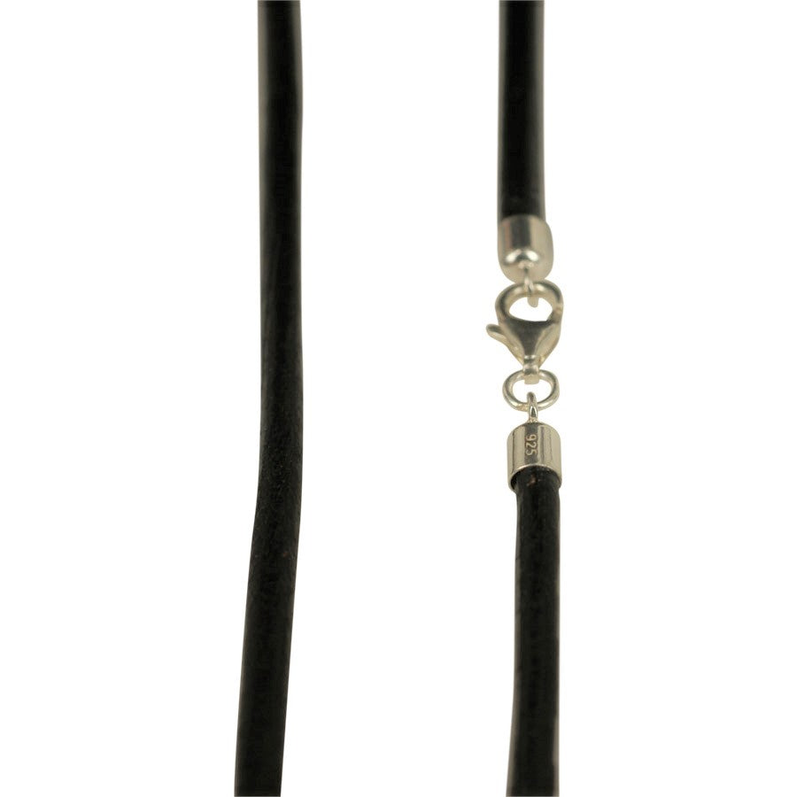Halskæde. 3 mm sort lædersnor. Lås sølv eller forgyldt